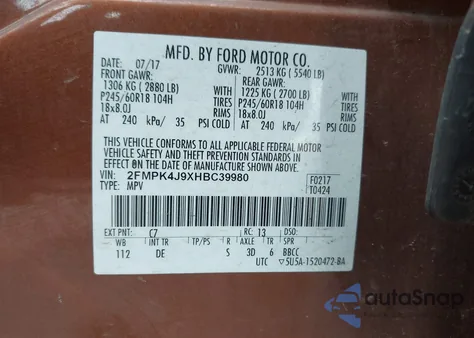 2017 Ford Edge Sel из США, поврежденный, VIN 2FMPK4J9XHBC39980